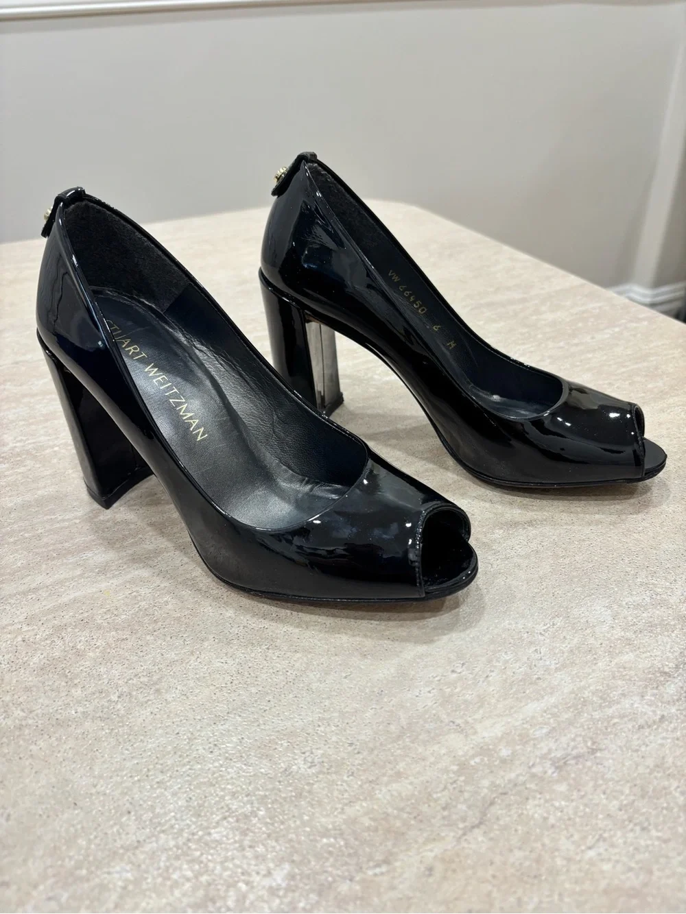 Stuart Weitzman Black Patent Leather Peep-Toe  Pumps